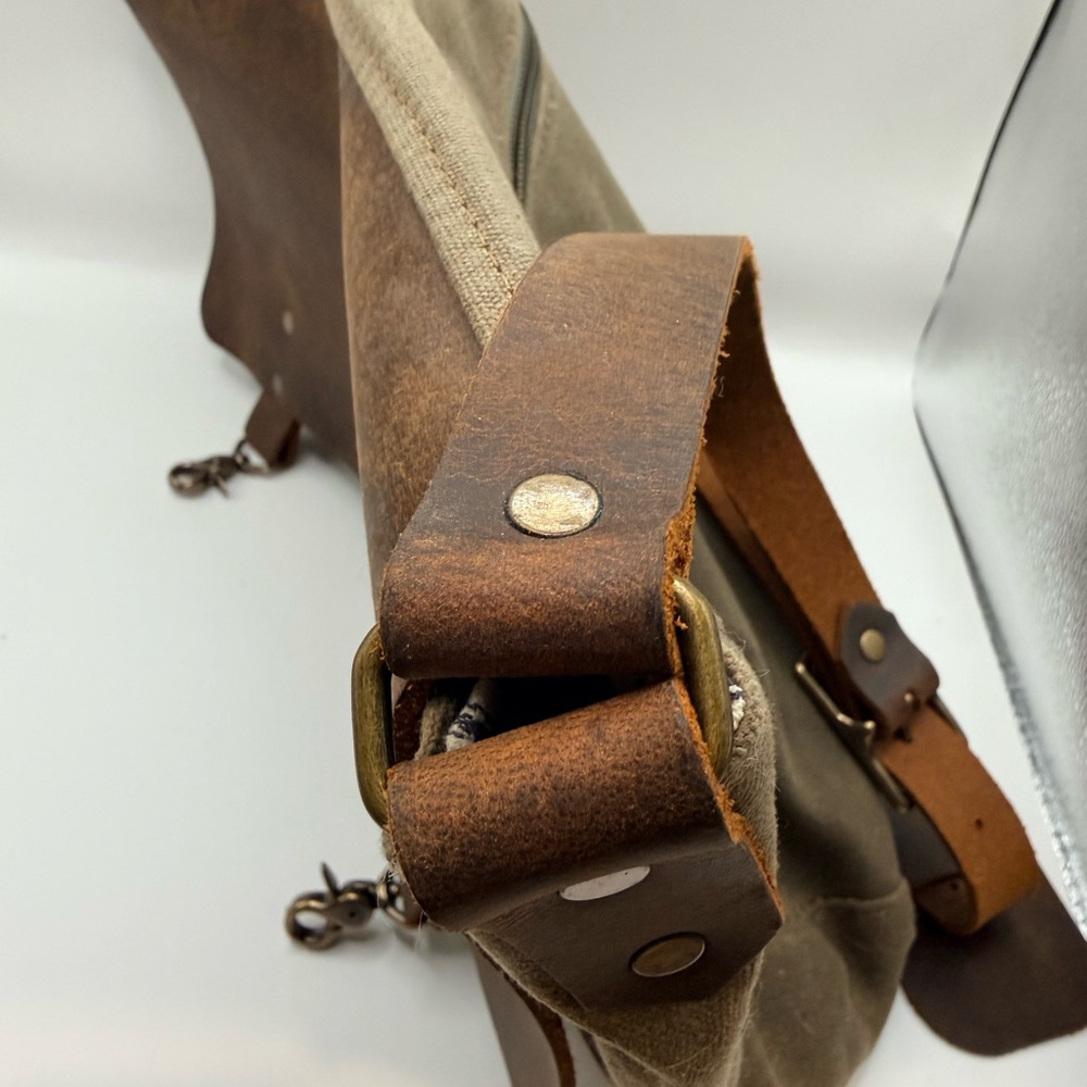 In Blue Handmade Pecan Waxed Canvas & Leather Messenger Bag - LINED + ZIPPER - Picture 9 of 12